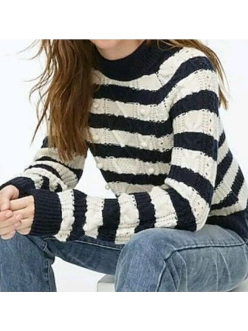 J. Crew Pink Blue White Pom Pom Cable Knit Striped Sweater Plus size 2X Preppy